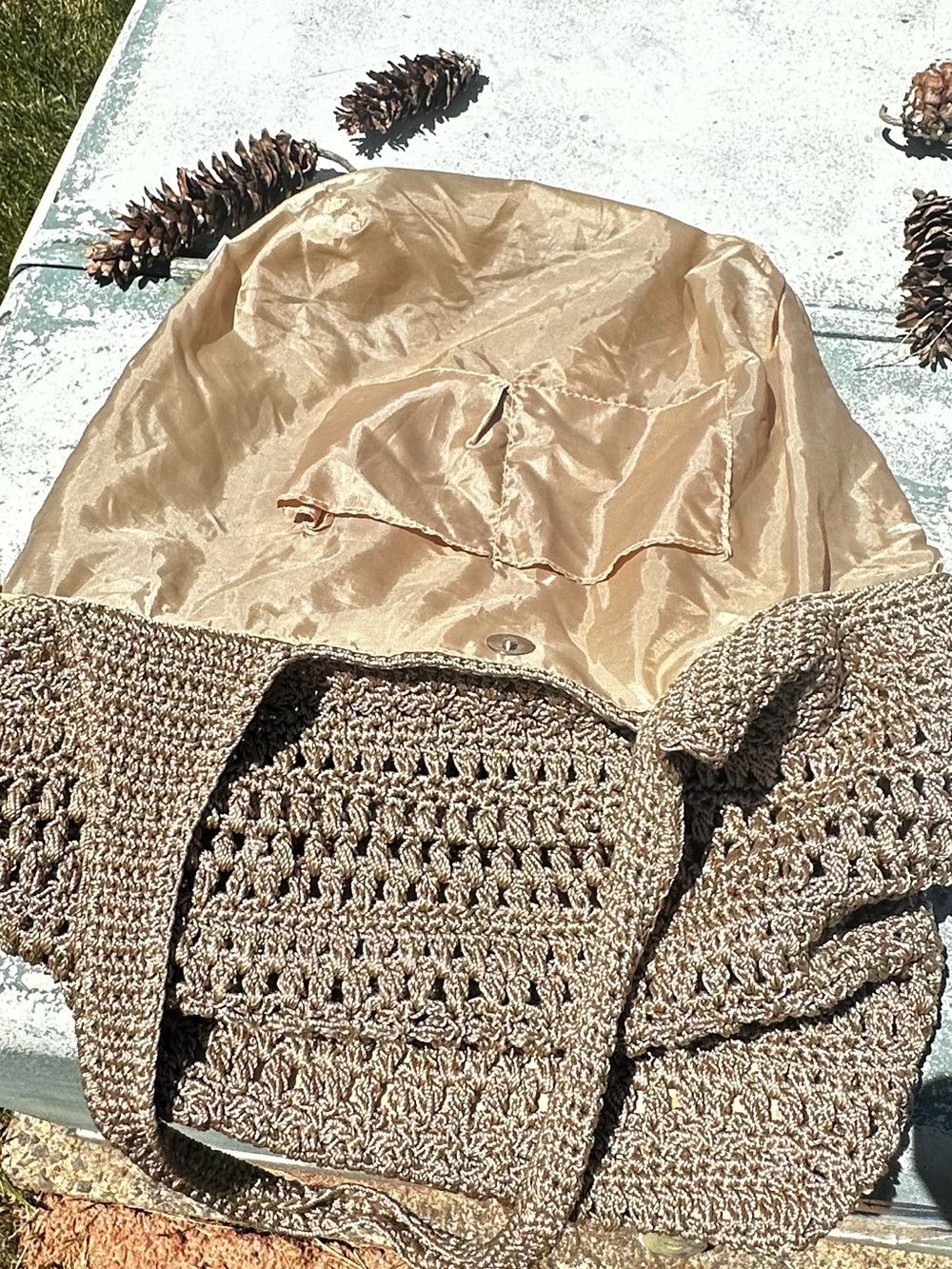 Woven Crochet Tote Bag in Tan - Picture 3 of 14